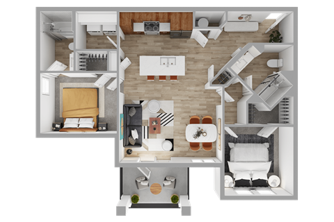 Floor plan for 2 beds, 2 baths, 977 sqft